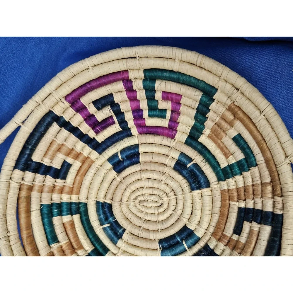 Southwestern Handwoven Coil Boho Basket Bowl Geometric Colorful Handles 13